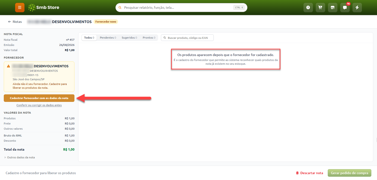 Tela de importação de nota fiscal no Smb Store exibindo aviso de que os produtos só aparecem após o cadastro do fornecedor, com botão em destaque para cadastrar o fornecedor utilizando os dados da nota.