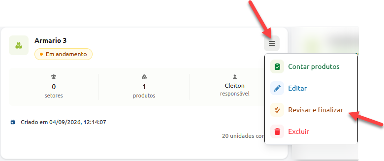 Card de gerenciamento do item "Armario 3" em andamento, exibindo o menu de opções com destaque para a ação "Revisar e finalizar".