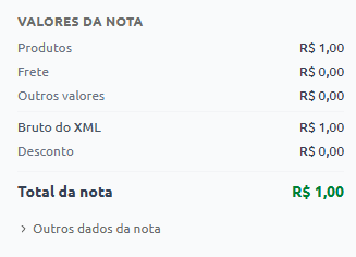 Painel de resumo dos valores da nota fiscal, exibindo o detalhamento de produtos, frete, outros valores, bruto do XML e descontos, com o total da nota de R$ 1,00.