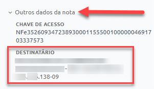 Seção de outros dados da nota fiscal, exibindo a chave de acesso e os dados do destinatário.