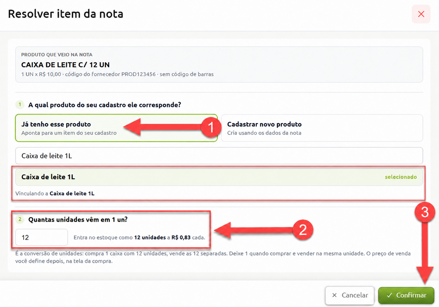 Tela do sistema de conciliação de nota fiscal com passo a passo para vincular um item da nota a um produto já cadastrado, definir o fator de conversão de unidades para o estoque e confirmar a operação.