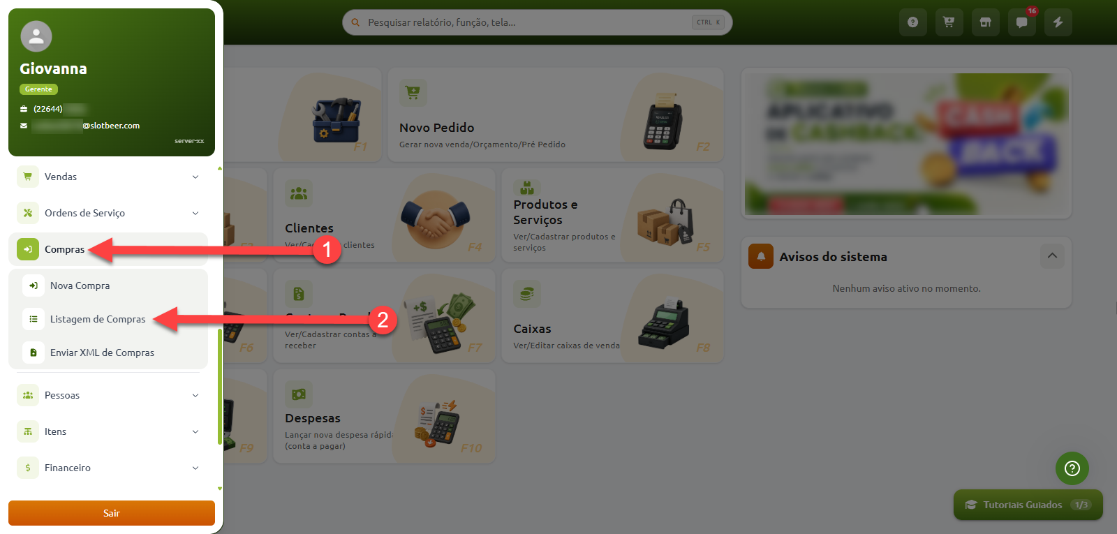 Menu lateral do sistema destacando em sequência a seleção da opção "Compras" e, em seguida, a opção "Listagem de Compras".