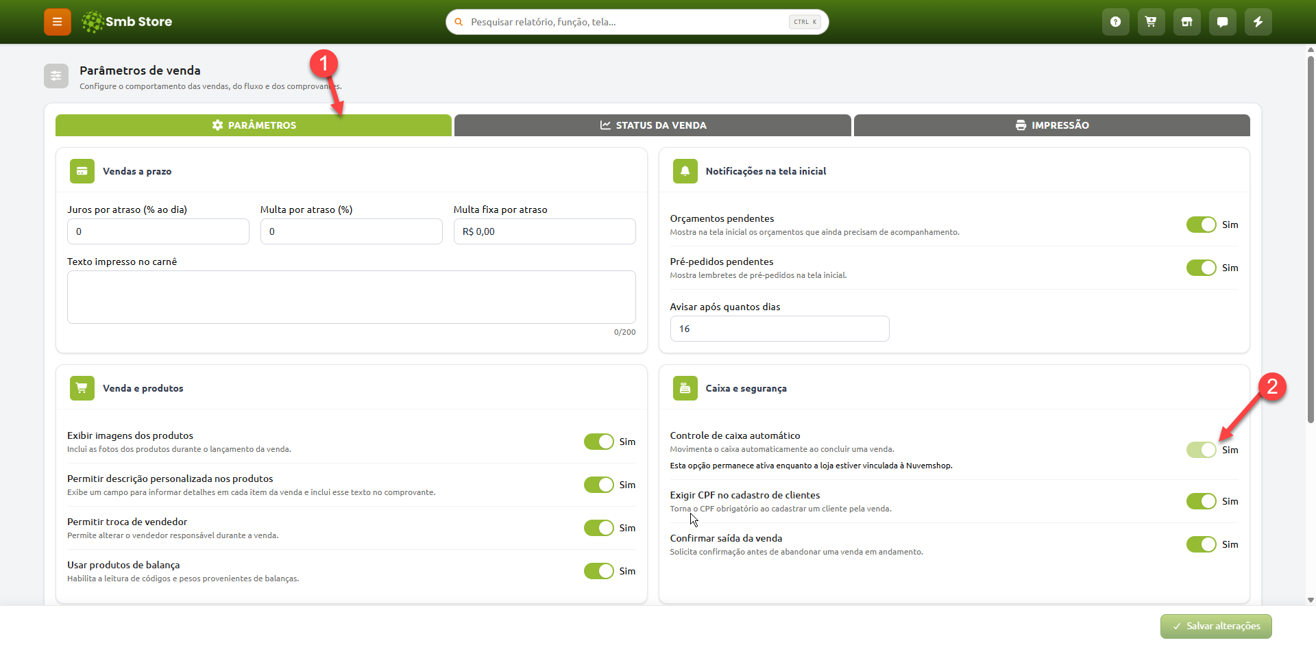 Tela de parâmetros de venda no Smb Store, destacando a aba Parâmetros e a opção de controle de caixa automático na seção Caixa e segurança, com diversas configurações de vendas a prazo, notificações, produtos e segurança ativadas.
