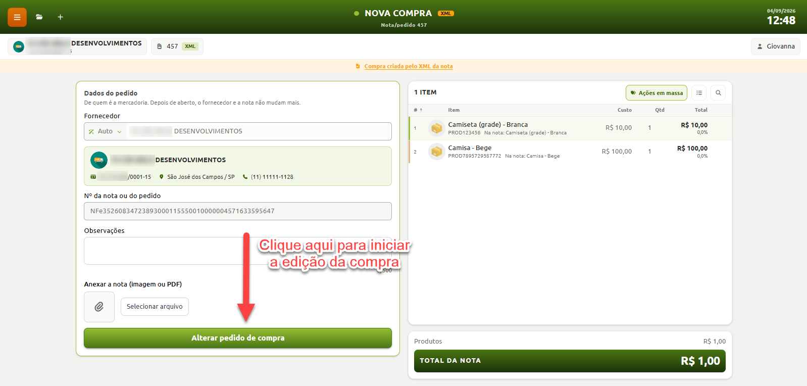 Tela de detalhes de um pedido de compra importado via XML, exibindo dados do fornecedor, nota fiscal e lista de itens, com destaque para a opção de alterar o pedido de compra.