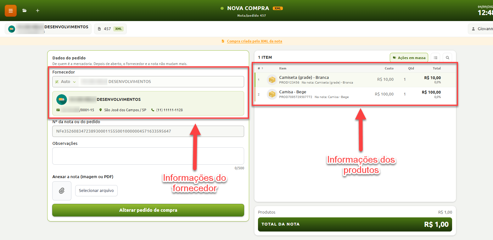 Tela de nova compra gerada por XML, destacando a área com as informações do fornecedor e a tabela com as informações dos produtos importados.