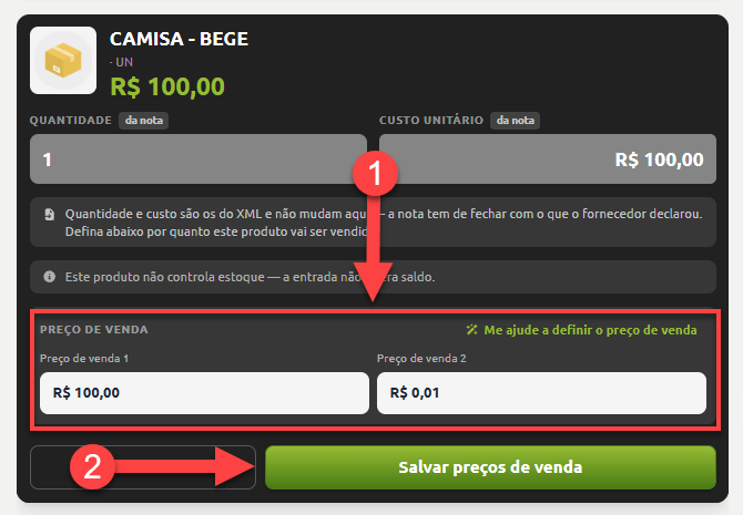 Tela de configuração de produto com campos para informar os valores de "Preço de venda 1" e "Preço de venda 2", seguidos pelo botão para salvar os preços de venda.