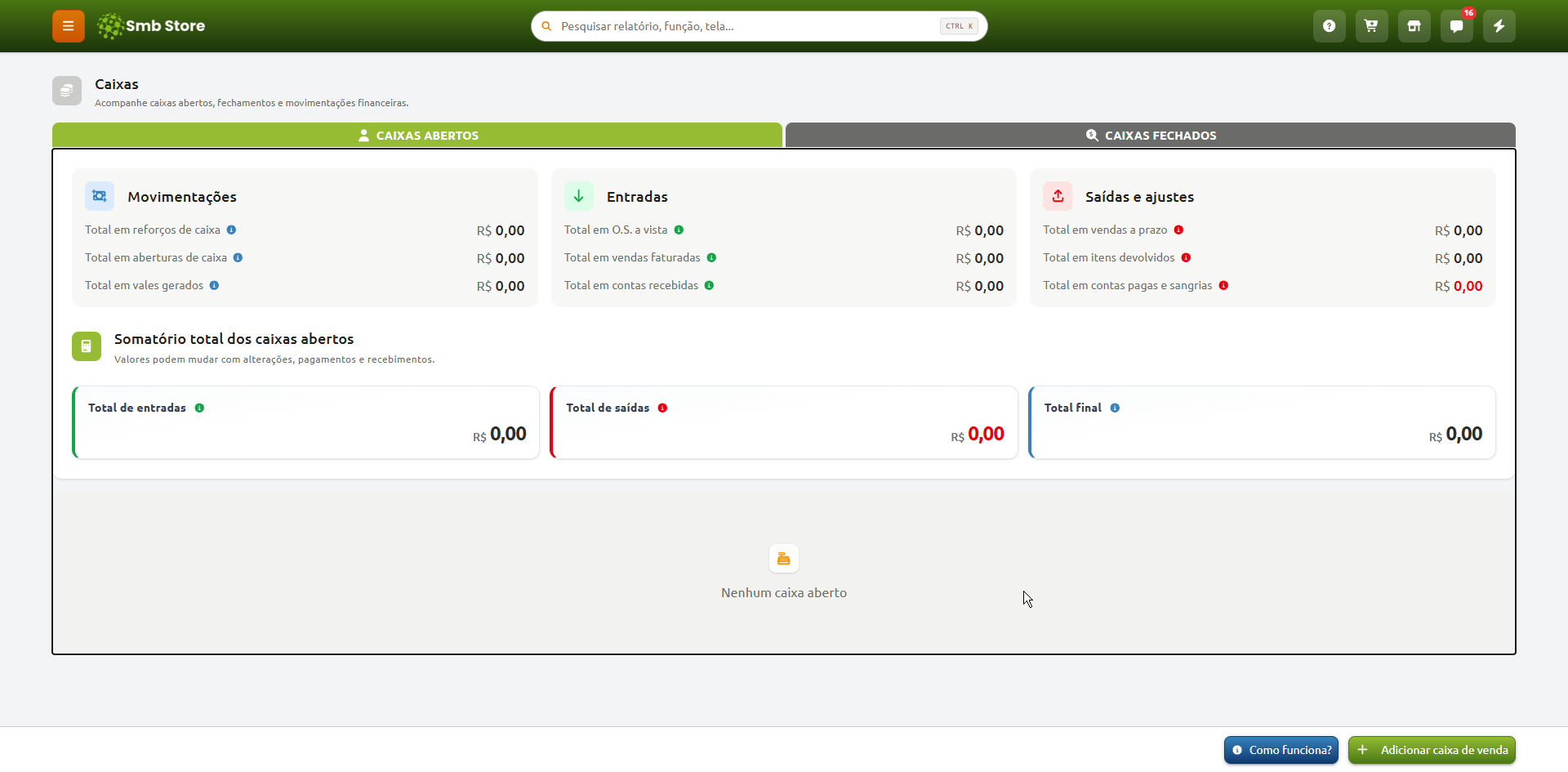 Painel de controle financeiro do sistema Smb Store na aba de caixas abertos, exibindo resumos zerados de movimentações, entradas, saídas e total final, com a indicação de nenhum caixa aberto no momento e a opção de adicionar caixa de venda.