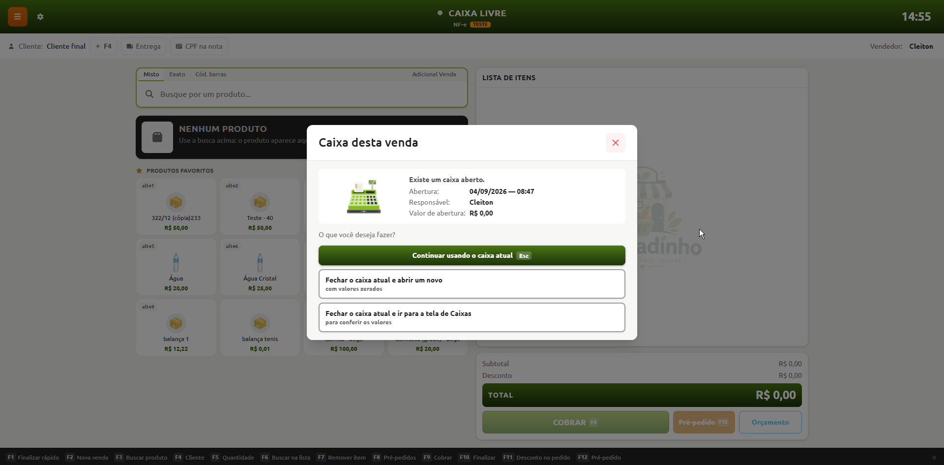 Tela de ponto de venda com uma janela modal informando que já existe um caixa aberto e exibindo opções para continuar utilizando o caixa atual, fechar o atual e abrir um novo, ou fechar o atual e acessar a tela de caixas.