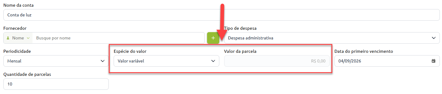 Formulário de cadastro de despesa destacando a seleção do campo Espécie do valor como Valor variável e o campo Valor da parcela desabilitado.