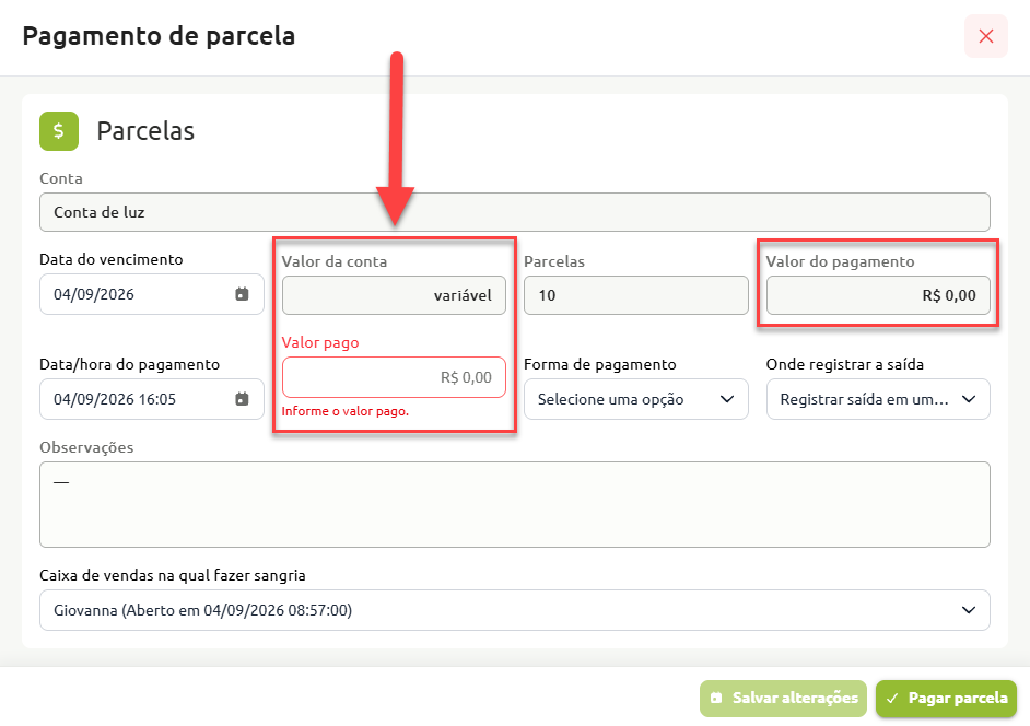 Tela de pagamento de parcela com campos.