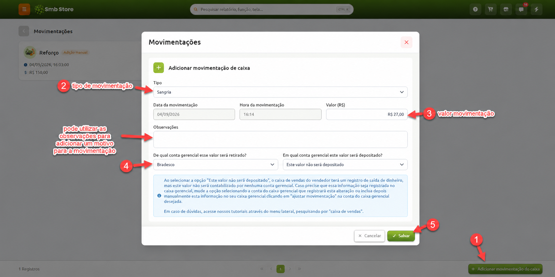 Formulário de cadastro de movimentação de caixa no sistema Smb Store, detalhando o preenchimento de campos numerados como tipo de operação, valor, data, observações e contas gerenciais de origem e destino, finalizando na opção de salvar.