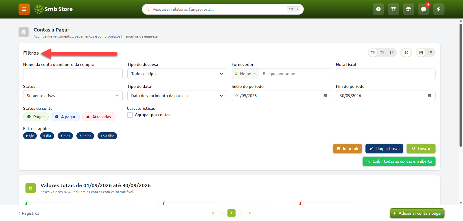 Tela de contas a pagar com a seção de filtros destacada, permitindo refinar os lançamentos por nome, fornecedor, tipo de despesa, nota fiscal, status da conta e intervalo de datas.