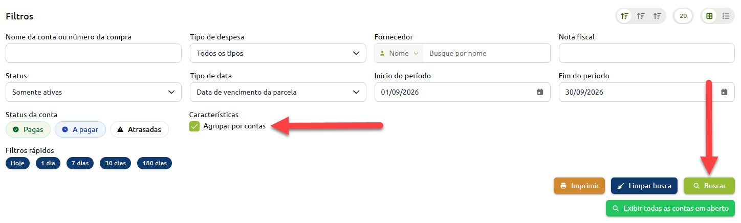 Painel de filtros de contas com campos para busca e refinamento por datas, status e fornecedor, destacando a seleção da opção "Agrupar por contas" e o botão "Buscar".