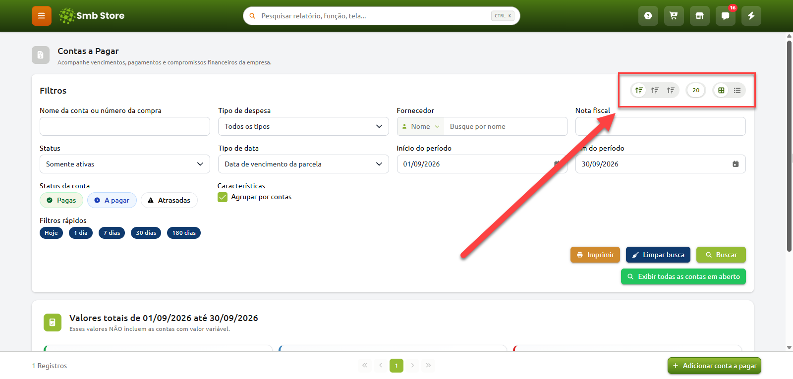 Tela de Contas a Pagar do Smb Store com campos de filtros de busca e destaque para as opções de ordenação, quantidade de itens por página e modo de visualização.