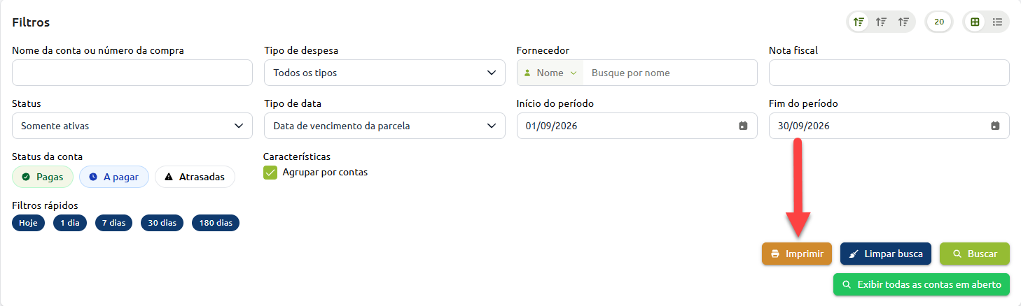 Painel de filtros de contas com campos para busca por nome, fornecedor, período e status de pagamento, com uma seta apontando para o botão Imprimir.