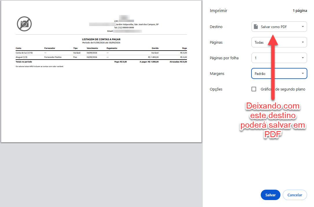 Janela de impressão exibindo a pré-visualização de uma listagem de contas a pagar e o painel de configurações, destacando a opção "Salvar como PDF" no campo de destino.