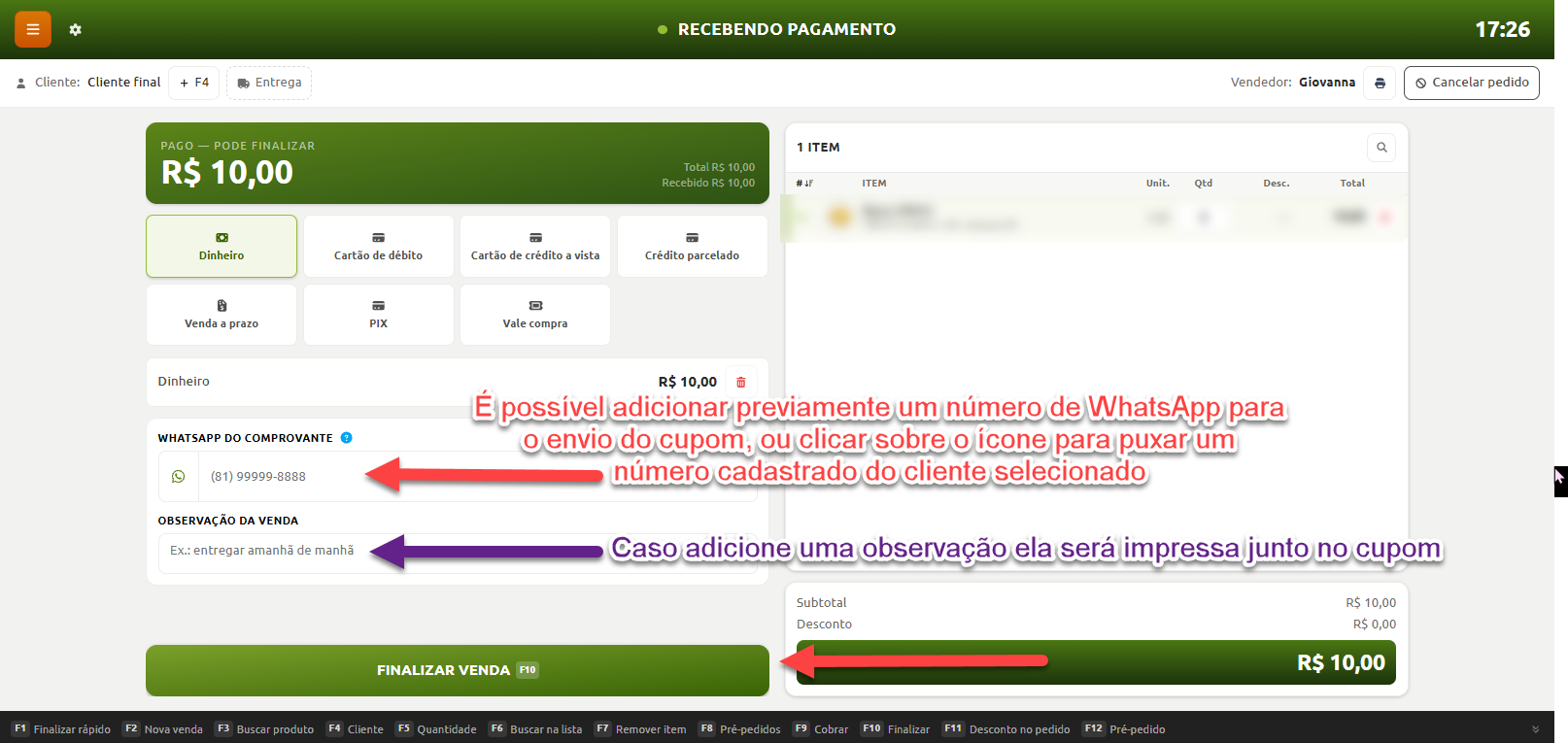 Tela de recebimento de pagamento de um sistema de vendas, exibindo formas de pagamento, campos para inserir o WhatsApp do comprovante e observações da venda, além do botão para finalizar a venda no valor total de R$ 10,00.
