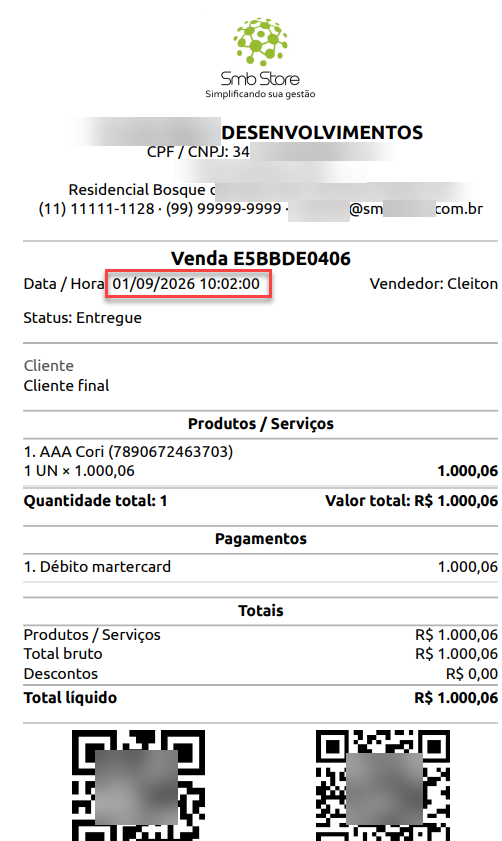 Comprovante de venda do Smb Store com destaque para o campo de data e hora da transação, exibindo detalhes do pedido, item vendido, forma de pagamento em débito e valores totais.