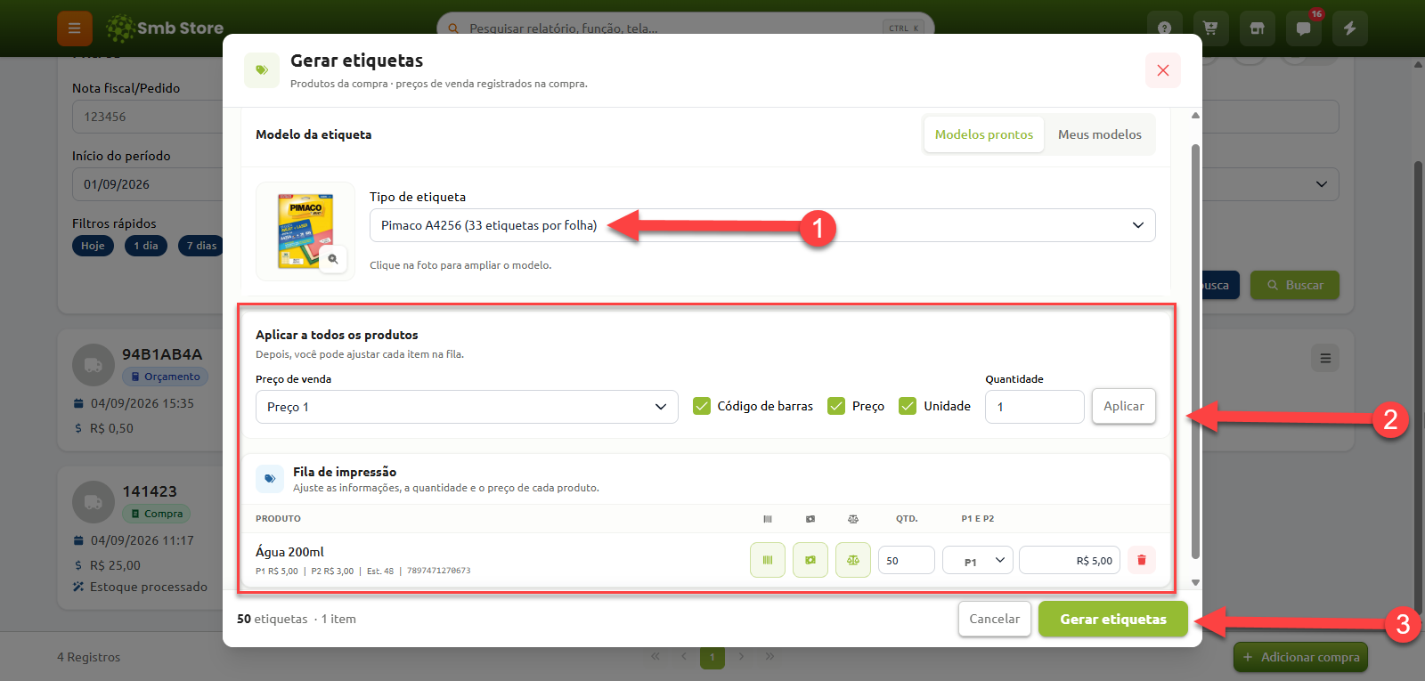 Janela de geração de etiquetas do Smb Store com passos destacados: seleção do tipo de etiqueta no passo 1, configuração das informações para aplicação aos itens e ajuste individual na fila de impressão no passo 2, e botão final "Gerar etiquetas" no passo 3.