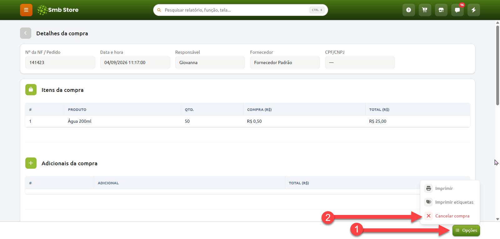 Tela de detalhes da compra no Smb Store exibindo dados do pedido, itens e adicionais, com destaque sequencial para a abertura do menu "Opções" e a seleção da ação "Cancelar compra".