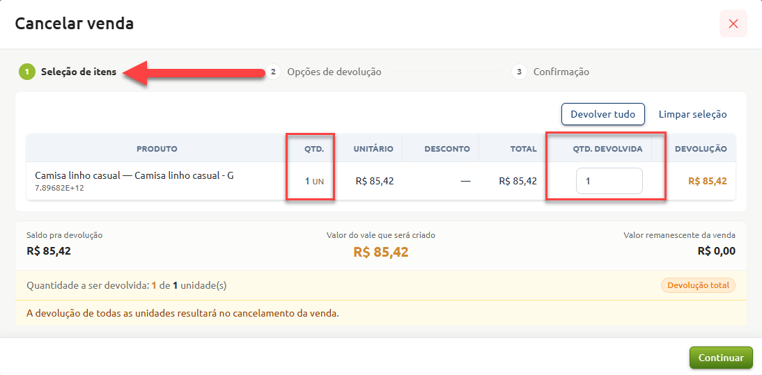 Tela de cancelamento de venda na etapa de seleção de itens, exibindo a lista de produtos vendidos com destaque para os campos de quantidade original e quantidade a ser devolvida, além do resumo dos valores para devolução.