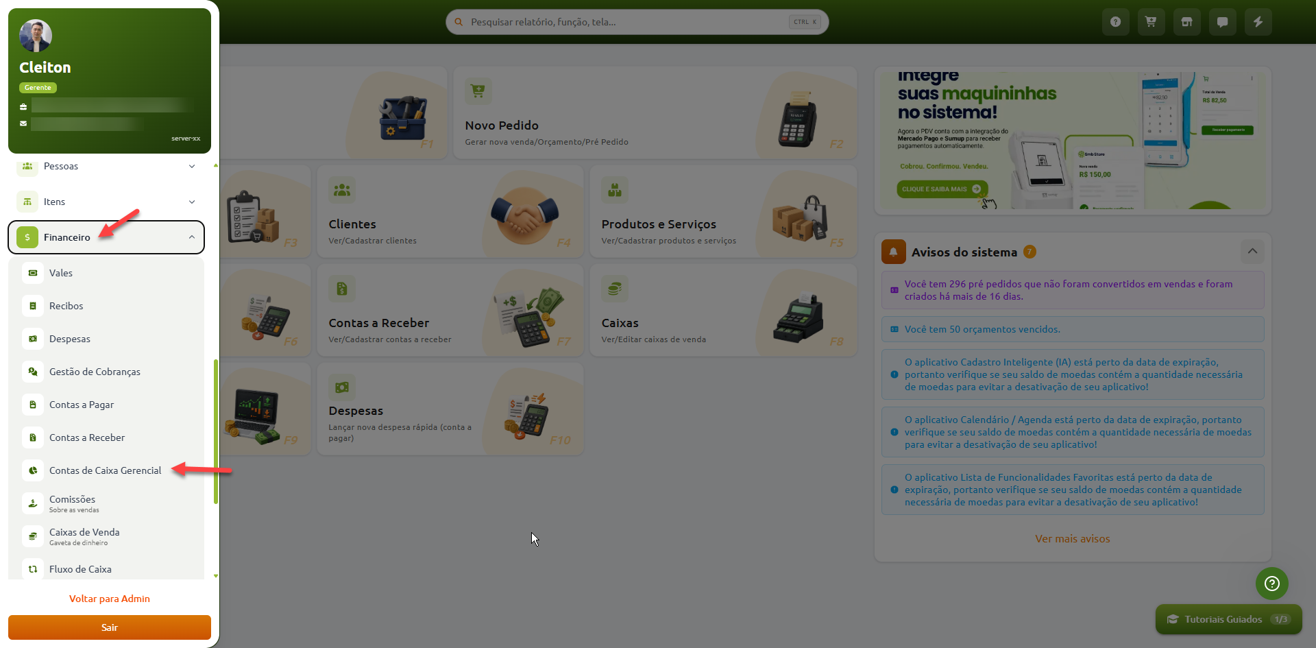Navegação no menu lateral do sistema, com a opção "Financeiro" expandida e a indicação para acessar "Contas de Caixa Gerencial".
