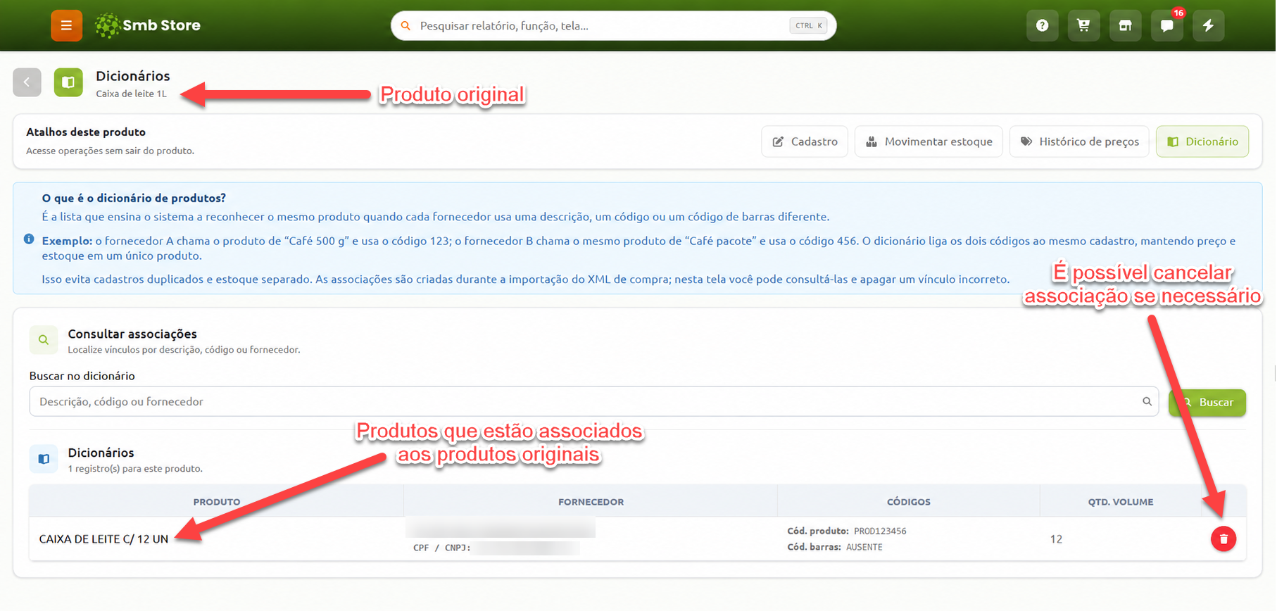 Tela de dicionário de produtos no Smb Store, exibindo o produto original "Caixa de leite 1L", a lista de produtos de fornecedores a ele associados e a opção de excluir o vínculo.