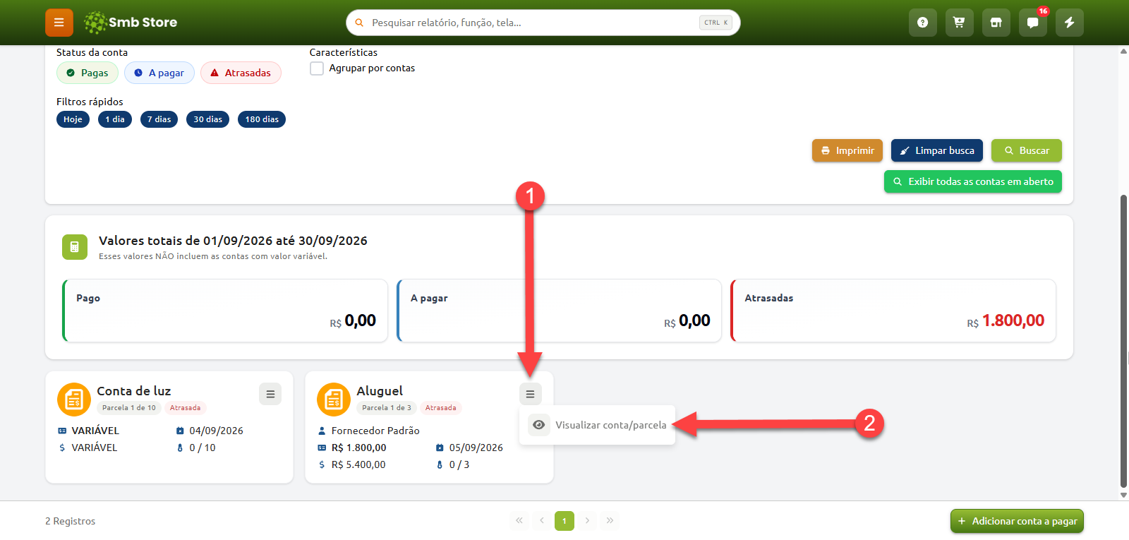 Tela de contas a pagar com resumo financeiro e lista de parcelas, destacando o acesso ao menu de opções de um registro e a seleção de "Visualizar conta/parcela".