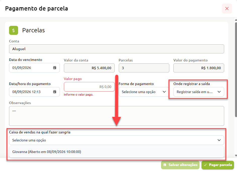 Tela de pagamento de parcela com campos para dados da conta, valores e a seleção do local de registro da saída, destacando a opção de indicar o caixa de vendas aberto para realização da sangria.