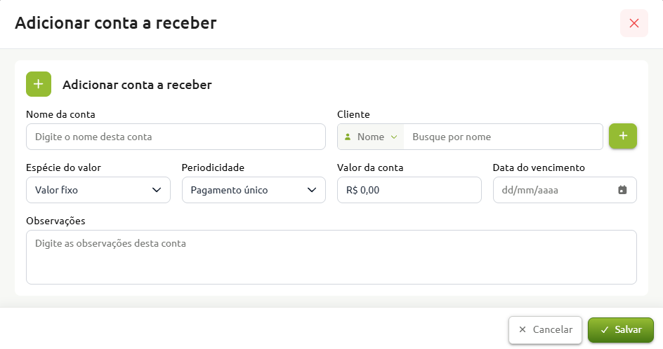 Formulário para adicionar conta a receber, com campos para nome da conta, cliente, espécie do valor, periodicidade, valor da conta, data do vencimento, observações e botões para cancelar ou salvar.