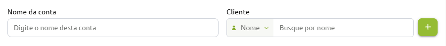 Campos de formulário para preencher o nome da conta e buscar ou adicionar um cliente.