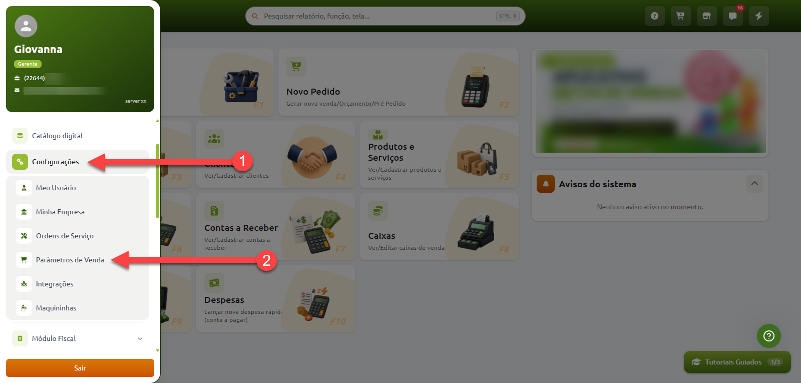Menu lateral do sistema destacando a sequência de acesso à opção Configurações e, em seguida, a Parâmetros de Venda.