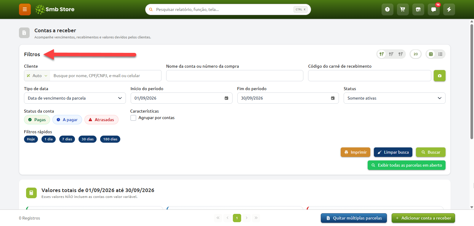 Tela de contas a receber do Smb Store, destacando a seção de filtros de pesquisa por cliente, período, dados da compra e status da conta.