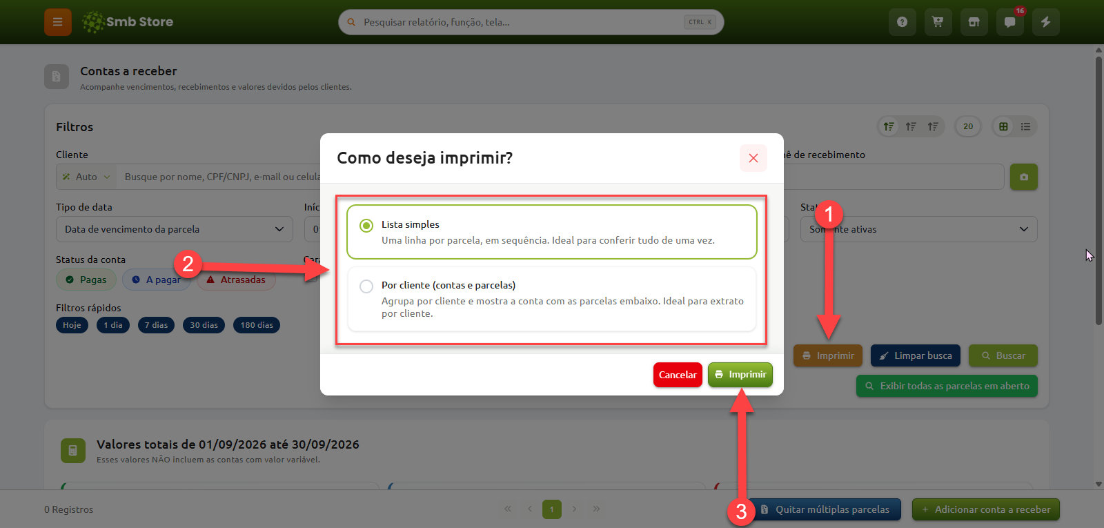 Tela de contas a receber do Smb Store com janela sobreposta para seleção do formato de impressão, numerando o fluxo de ação: clicar no botão de impressão dos filtros (passo 1), escolher entre "Lista simples" ou "Por cliente" (passo 2) e confirmar no botão Imprimir (passo 3).
