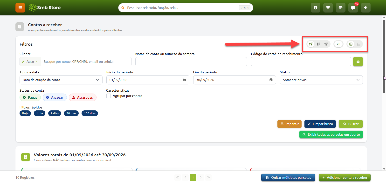 Tela de Contas a receber no sistema Smb Store, destacando os controles de ordenação, paginação e modo de exibição na barra de filtros.