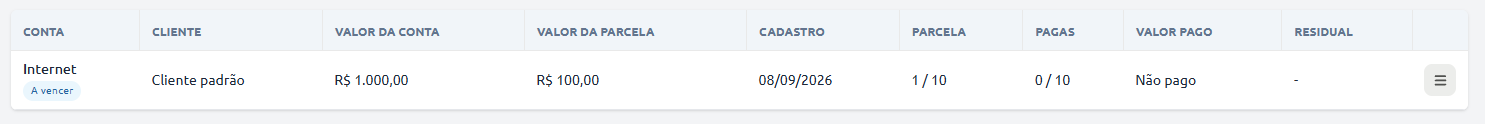 Tabela de controle financeiro exibindo o registro da conta "Internet" para o "Cliente padrão", com valor total de R$ 1.000,00 parcelado em 10 vezes de R$ 100,00, status "A vencer" e nenhuma parcela paga.