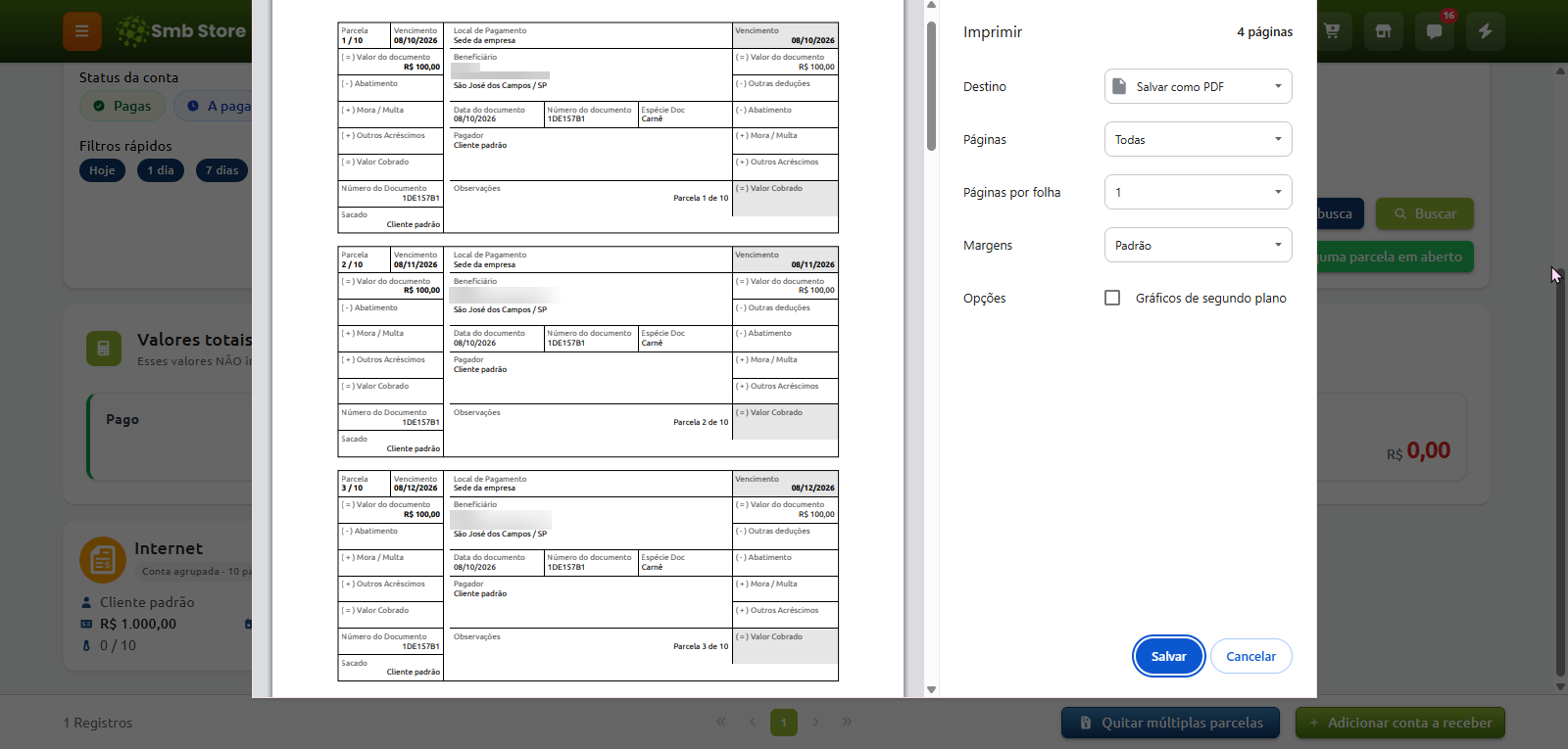 Janela de impressão aberta sobre o sistema Smb Store, exibindo a pré-visualização de parcelas de um carnê de pagamento e as opções de configuração para salvar o documento em formato PDF.