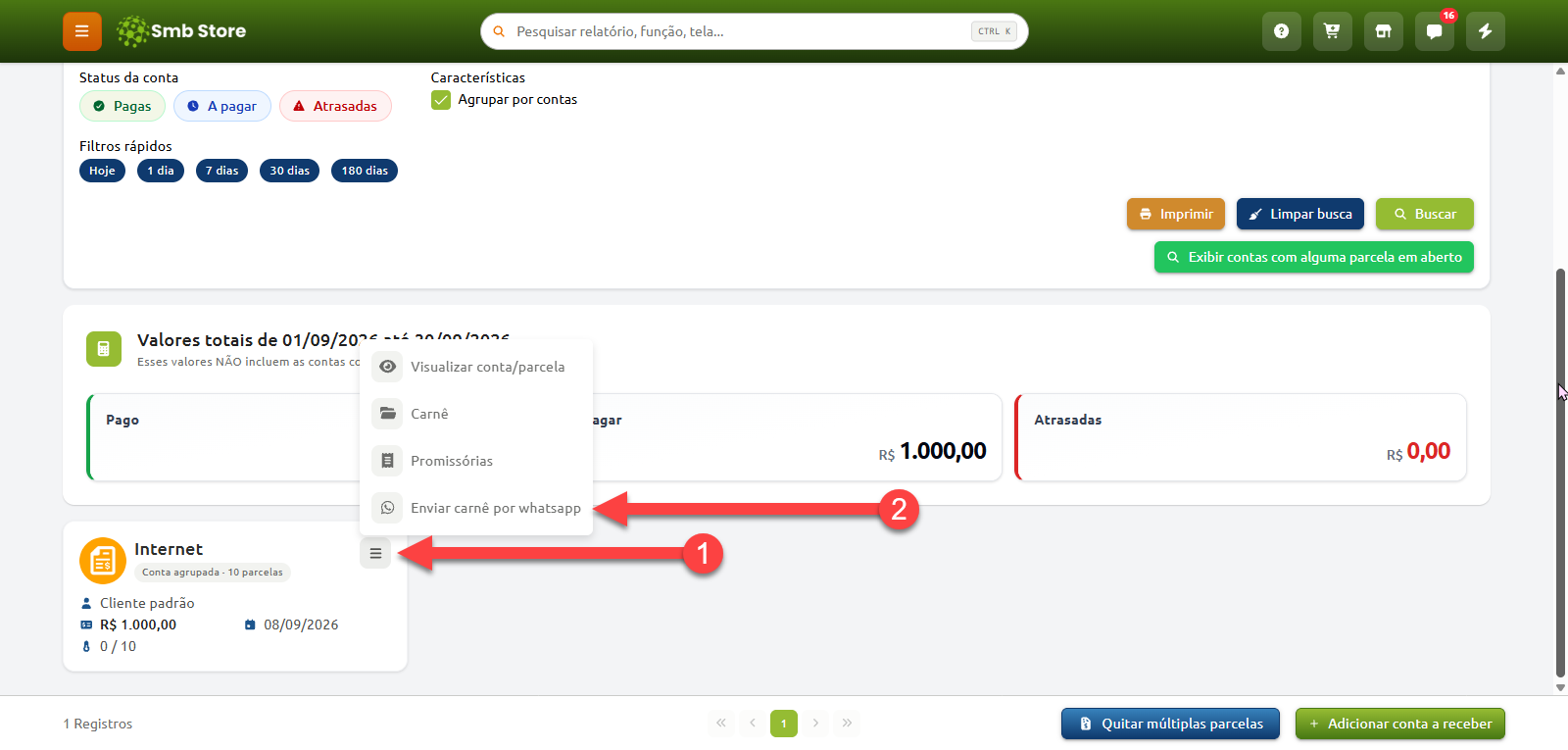 Tela de gerenciamento financeiro indicando o passo a passo para enviar o carnê por WhatsApp através do menu de opções de uma conta registrada.