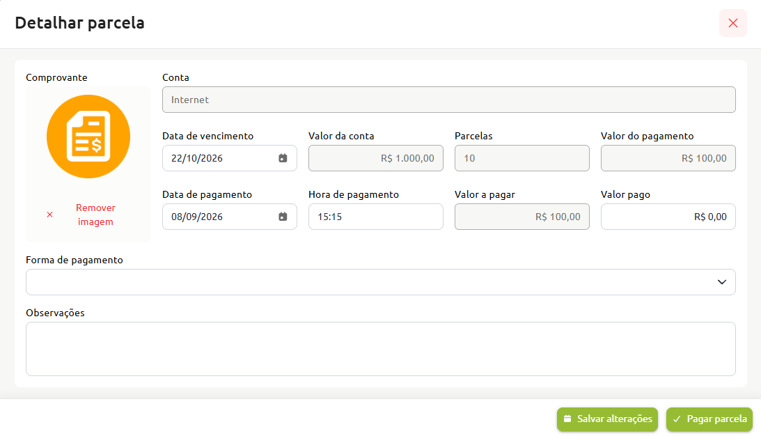 Tela de detalhamento de parcela com campos para informações da conta, datas de vencimento e pagamento, valores, forma de pagamento, observações e opções para salvar alterações ou pagar a parcela.