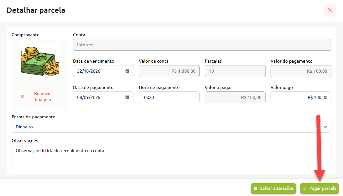 Tela de detalhamento de parcela com campos preenchidos de conta, comprovante, datas, valores, forma de pagamento e observações, destacando a opção de pagar a parcela.