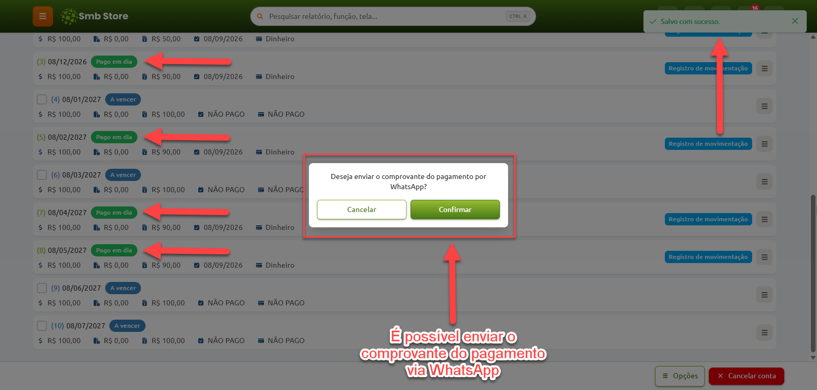 Tela do sistema Smb Store com a lista de parcelas atualizadas como pagas e uma caixa de diálogo perguntando se o usuário deseja enviar o comprovante de pagamento por WhatsApp.