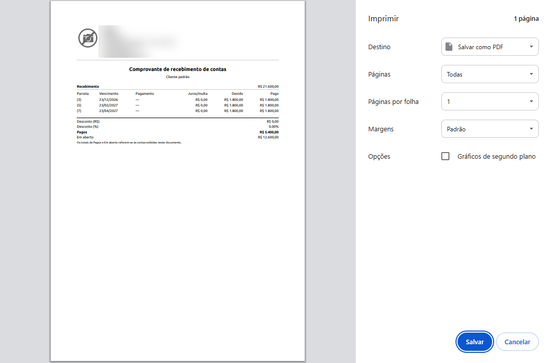 Janela de impressão exibindo a visualização de um comprovante de recebimento de contas com tabela de parcelas e valores, acompanhada das opções de configuração de impressão para salvar como PDF.