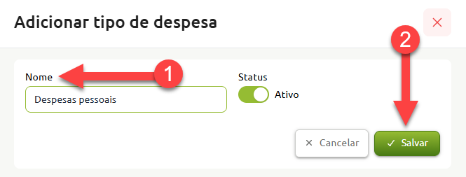 Tela de cadastro com o título "Adicionar tipo de despesa", destacando em uma sequência numérica o preenchimento do campo de nome com "Despesas pessoais", a seleção do status ativo e o botão para salvar o registro.