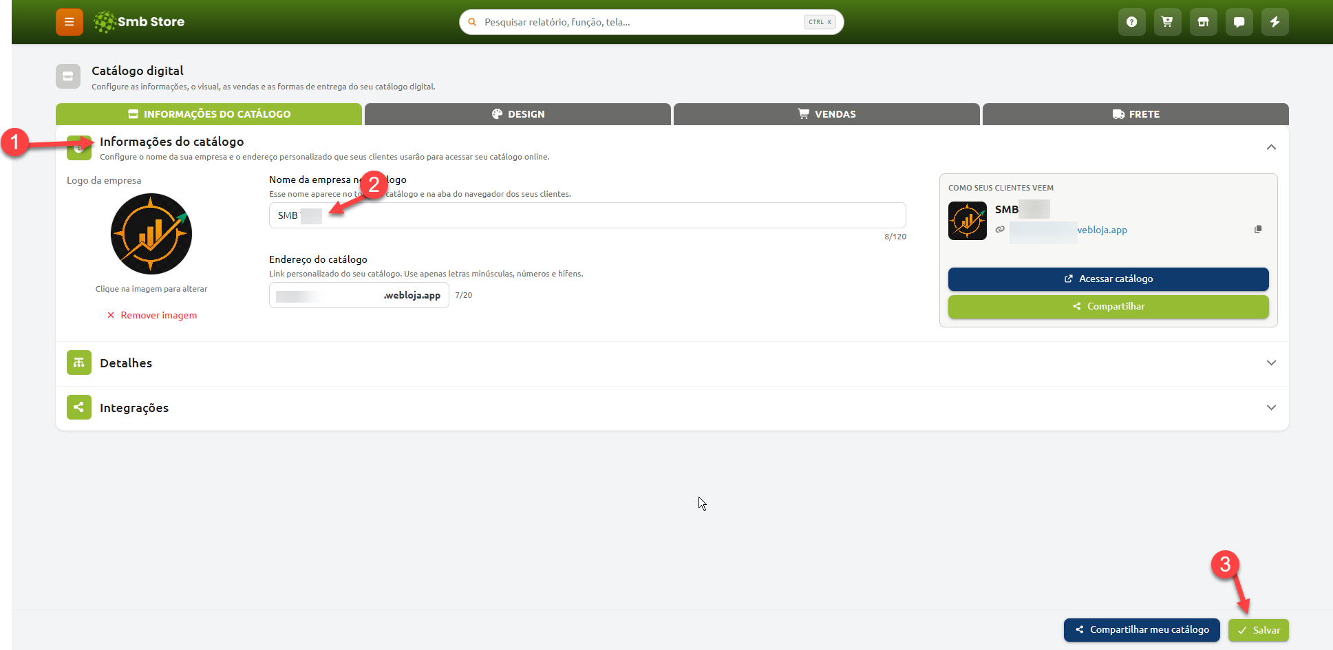 Tela de configuração do catálogo digital no sistema Smb Store, destacando em sequência numérica a seção "Informações do catálogo", o campo para preenchimento do "Nome da empresa no catálogo" e o botão "Salvar" no canto inferior direito.