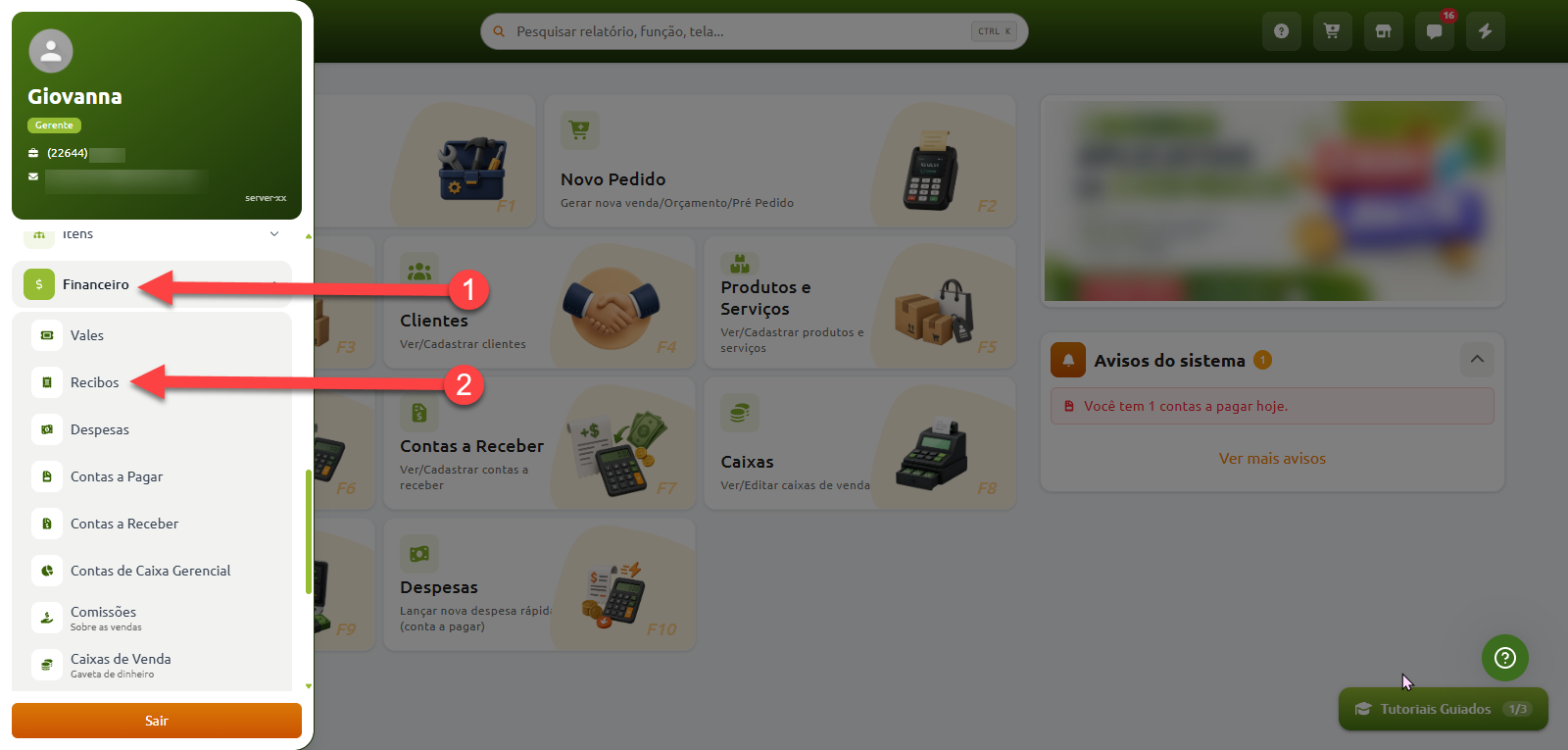 Menu lateral do sistema de gestão com destaque numerado para o acesso à opção "Financeiro" no passo 1 e à subopção "Recibos" no passo 2.