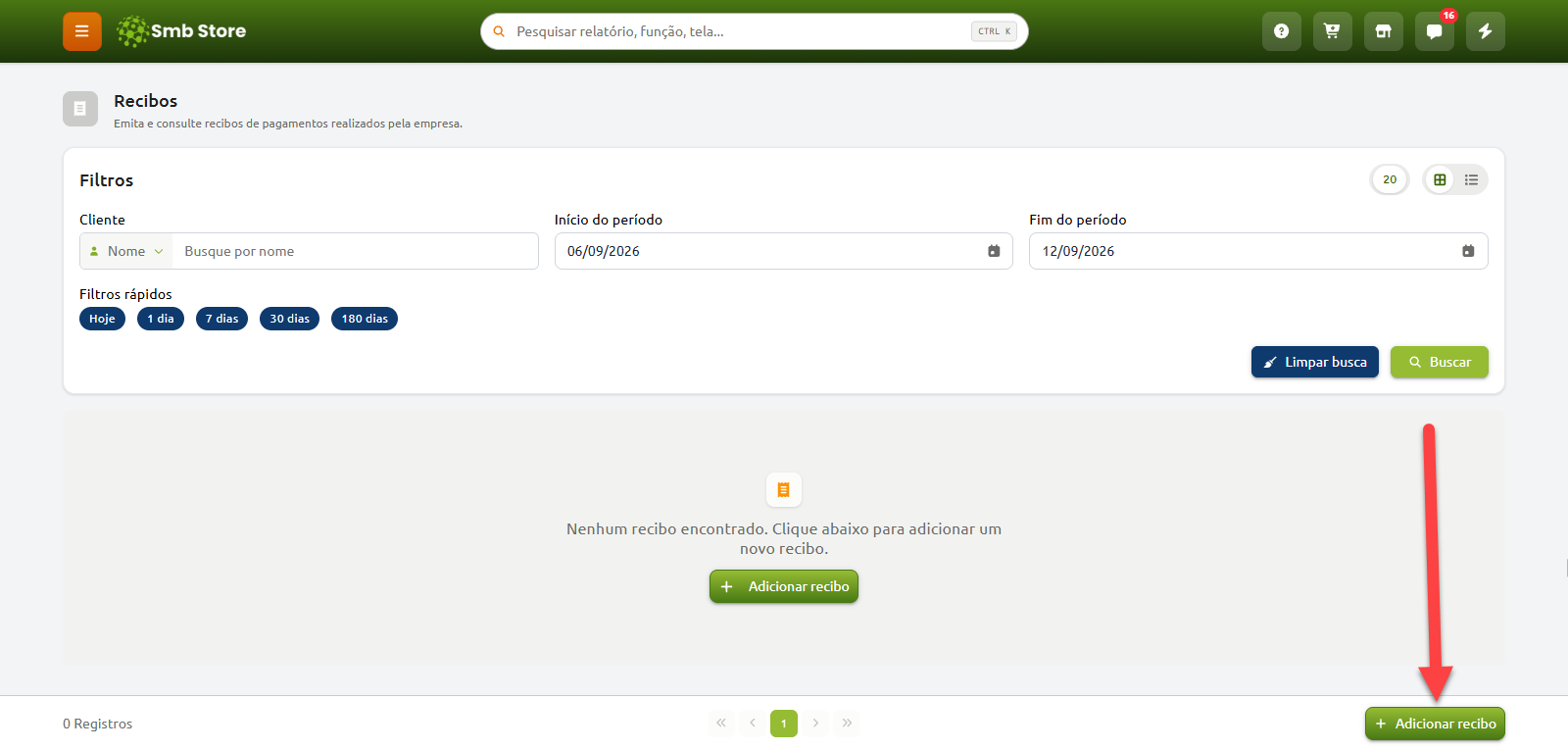 Tela de consulta de recibos do Smb Store sem registros encontrados, exibindo opções de filtro por cliente e período, e destaque para o botão de adicionar novo recibo no canto inferior direito.