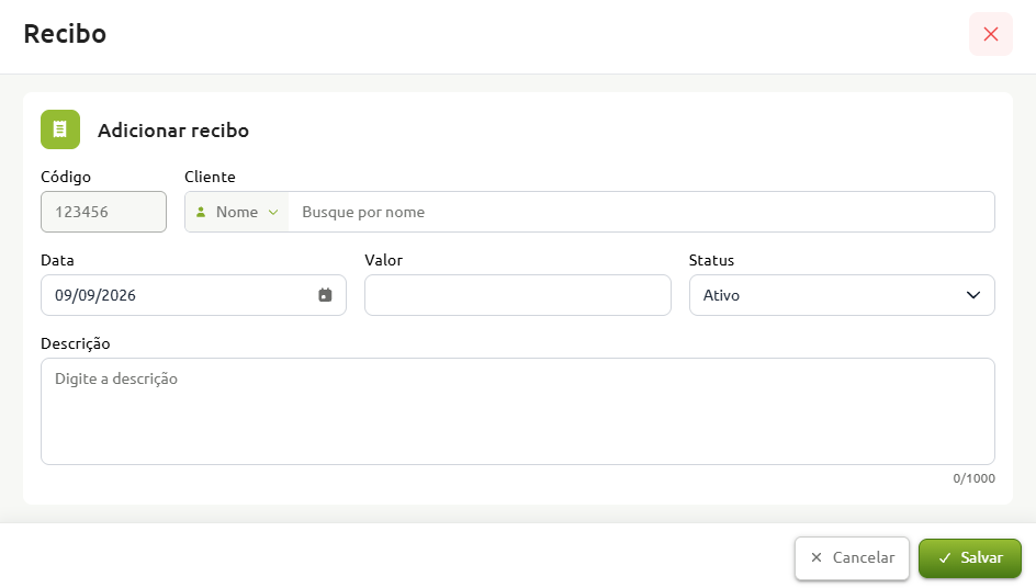Formulário para adicionar recibo no sistema, contendo campos para código, busca de cliente, data, valor, status e descrição, com opções para cancelar ou salvar o cadastro.