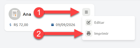 Instruções passo a passo indicam o acesso ao menu de opções de um registro e a seleção da opção Imprimir.