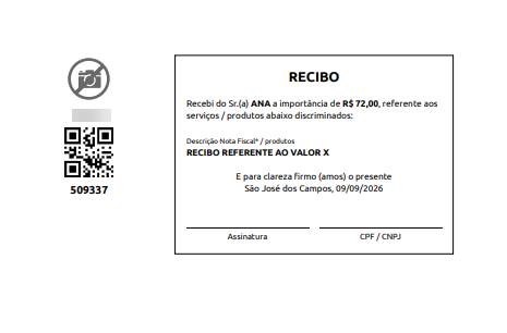 Recibo de pagamento preenchido no valor de R$ 72,00 em nome de Ana, emitido em São José dos Campos, contendo campos para assinatura e CPF/CNPJ, além de QR Code e código numérico ao lado.