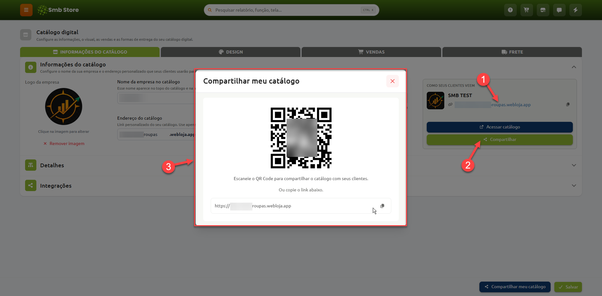 Tela de configuração do catálogo digital no Smb Store, exibindo janela sobreposta para compartilhamento do catálogo com QR Code e link direto copiável.